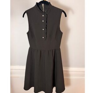Kate Spade New York Black Ruffle Neck Pearl Button Fit & Flare Dress Sleeveless